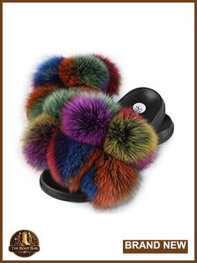 Real Fox Fur Open Toe Slide Slippers Fluffy Furry Comfort Sandals